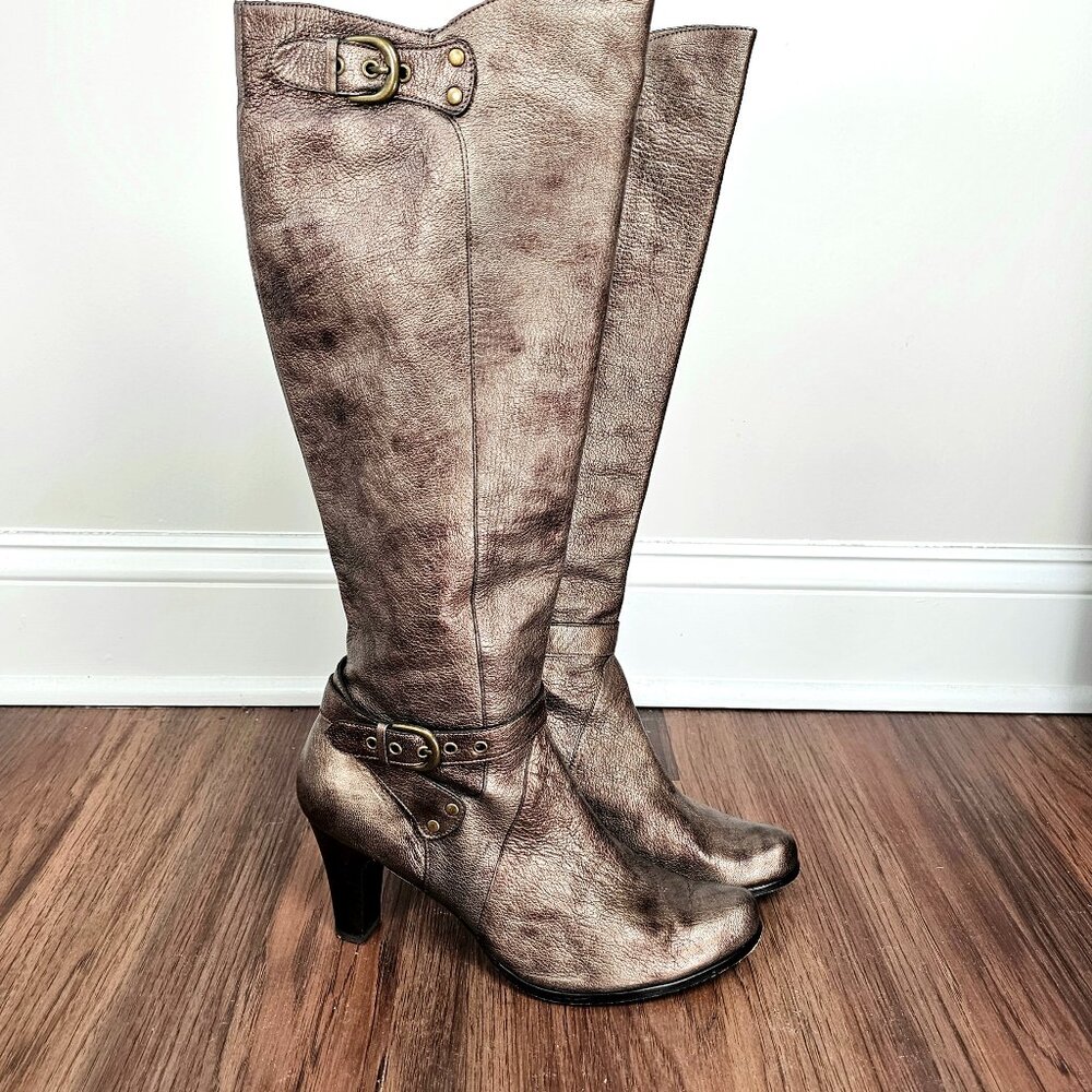 Vaneli | Metallic Bronze Leather Knee-High Buckle Boots | Size 9.5